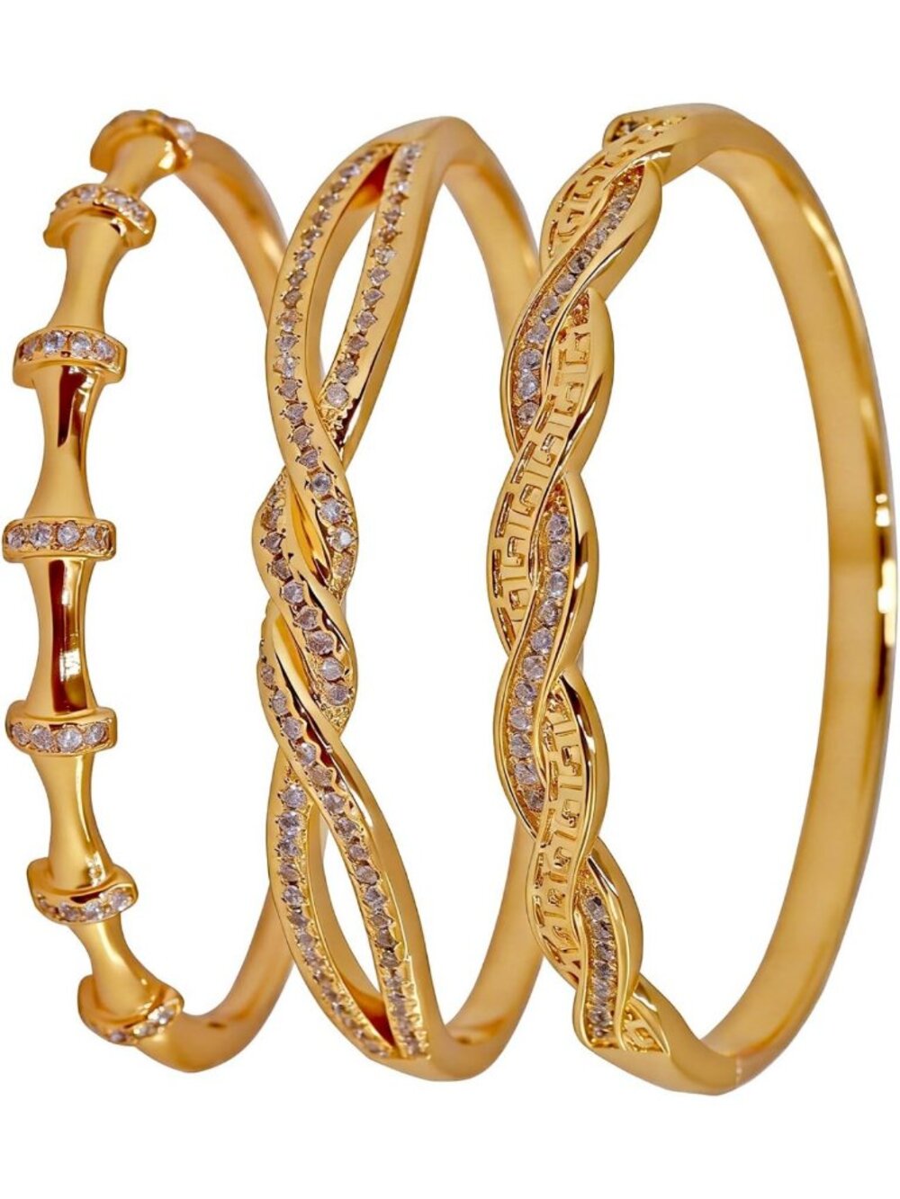 3PCS Stackable Gold Bangle Bracelet Set with Zircon - Trendy Gift for Her